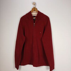 Tommy Hilfiger Men’s Large Burgundy Full Zip Cardigan Sweater 100% Cotton